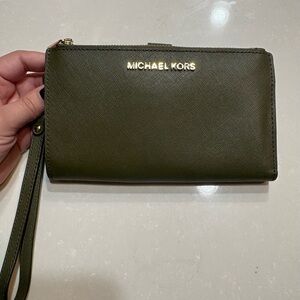 Michael Kors Olive Saffiano Leather Wristlet Pouch with Gold Hardware